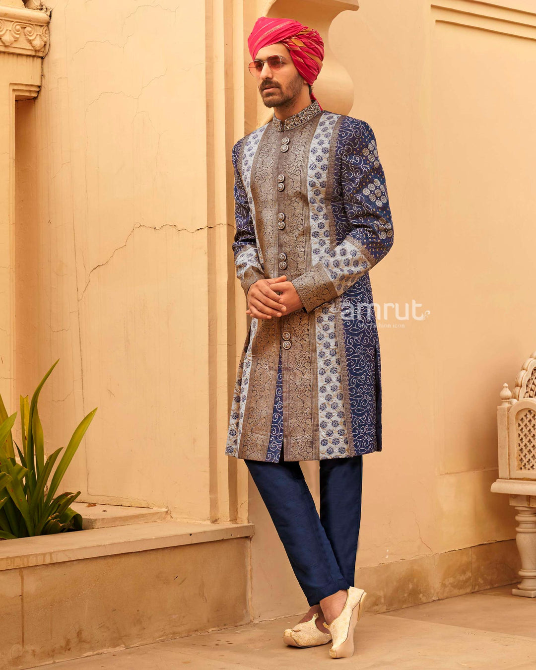 Navy Blue Printed Lehenga Set With Coat and Men Kurta Set