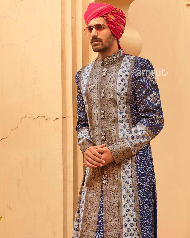 Navy Blue Printed Lehenga Set With Coat and Men Kurta Set
