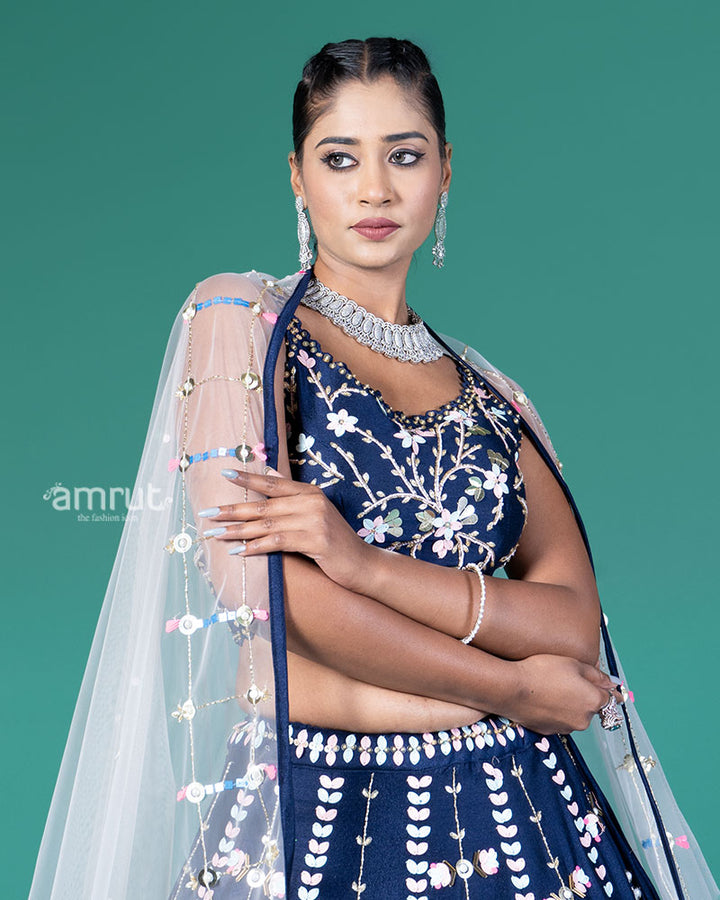 Navy Blue Embellished Lehenga Choli with Net Dupatta 02