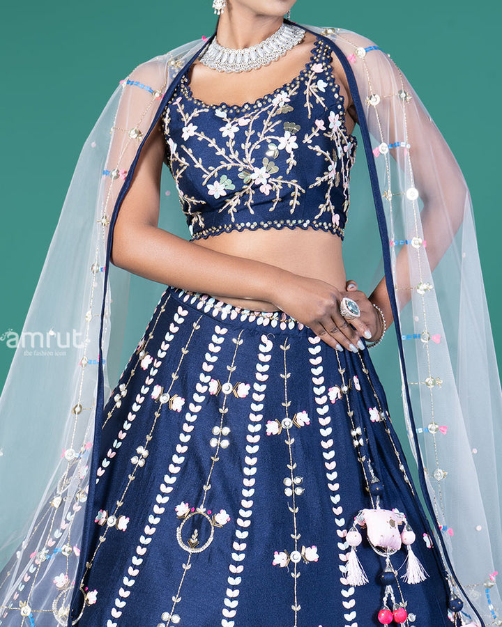 Navy Blue Embellished Lehenga Choli with Net Dupatta 03