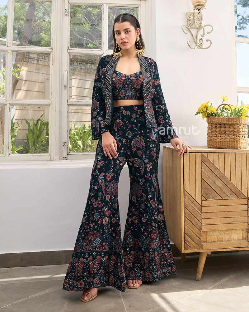 plazo dress with short top Yellow Plazo Dress With Short Top Women's Yellow Embroidered Jacket Style Top  Palazzo Panash India