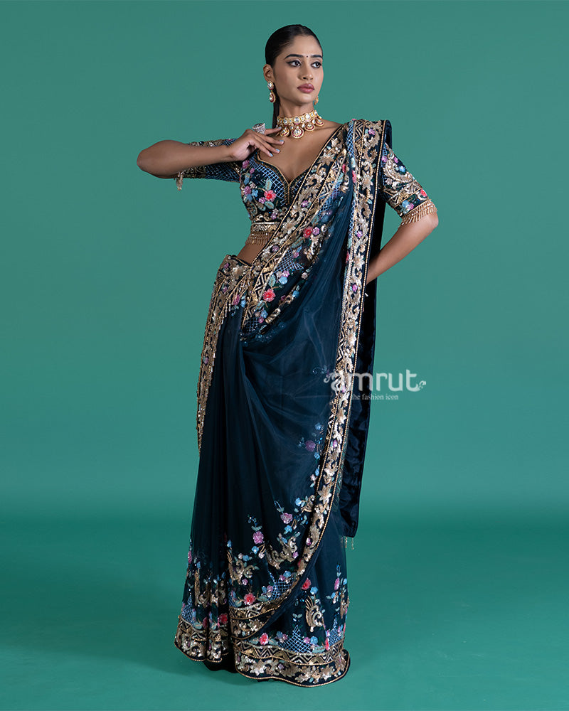 Navy Blue Net Saree with Floral Embroidery and Blouse 01