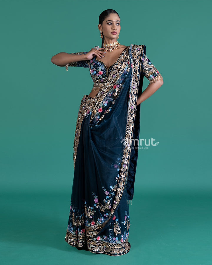 Navy Blue Net Saree with Floral Embroidery and Blouse 01