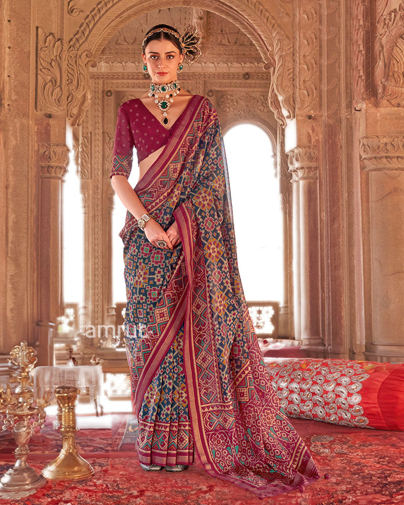 Navy Blue and Maroon Patola Printed Saree with Unstitched Blouse 01
