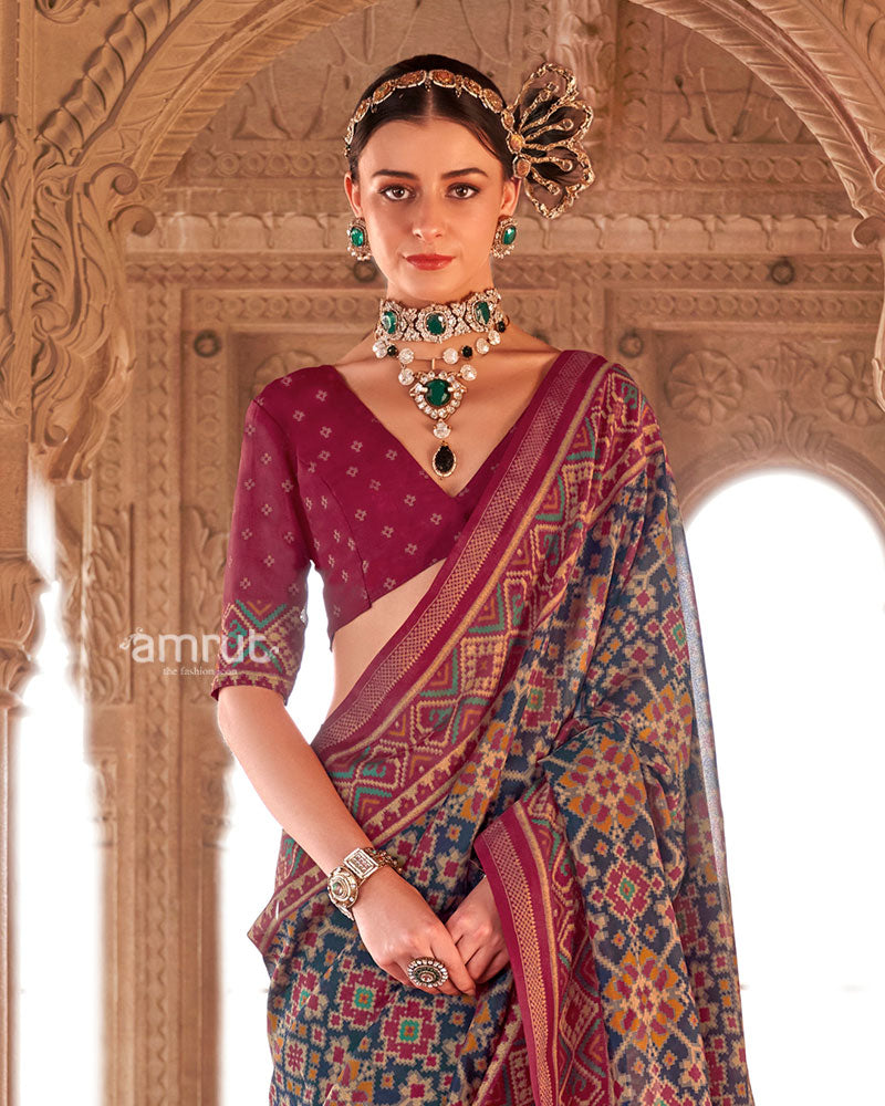 Navy Blue and Maroon Patola Printed Saree with Unstitched Blouse 02