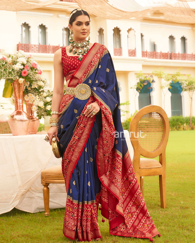 Navy Blue and Red Border Silk Saree with Unstitched Blouse and Belt