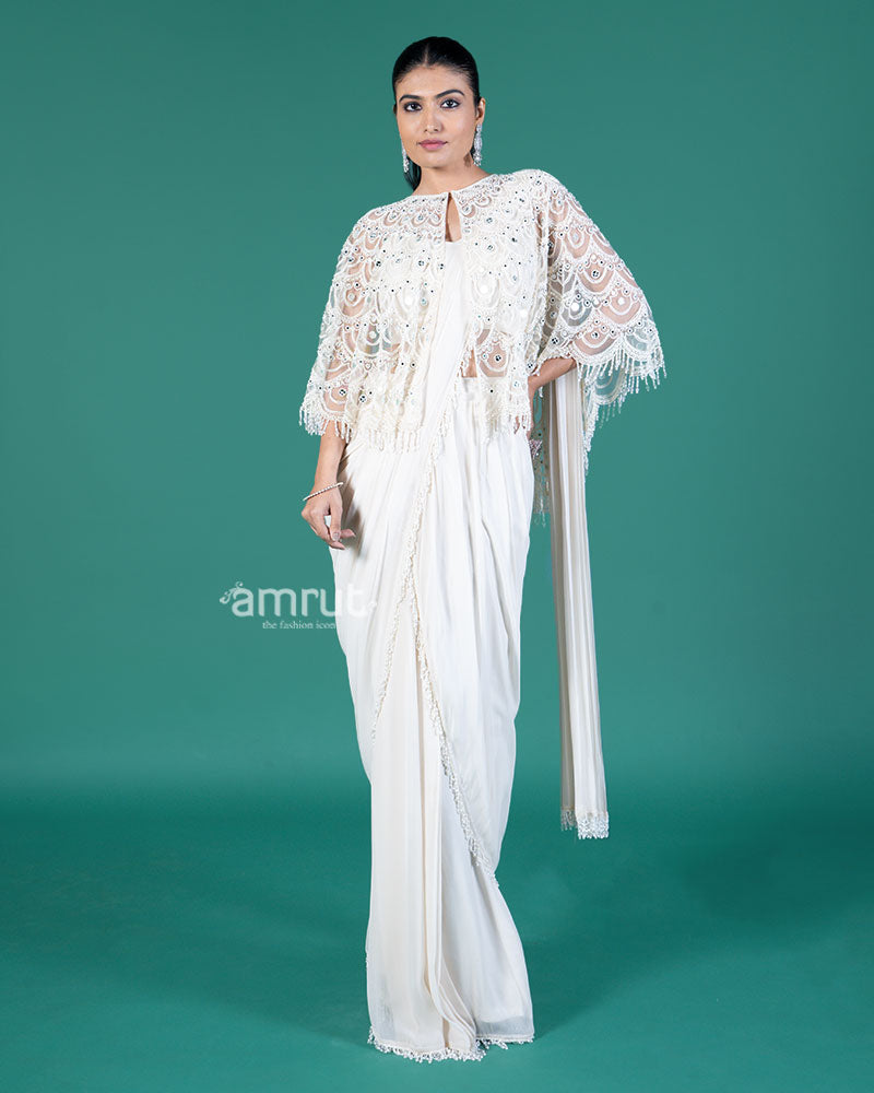 Off-White Ready-to-Wear Saree with Embellished Capelet and Blouse