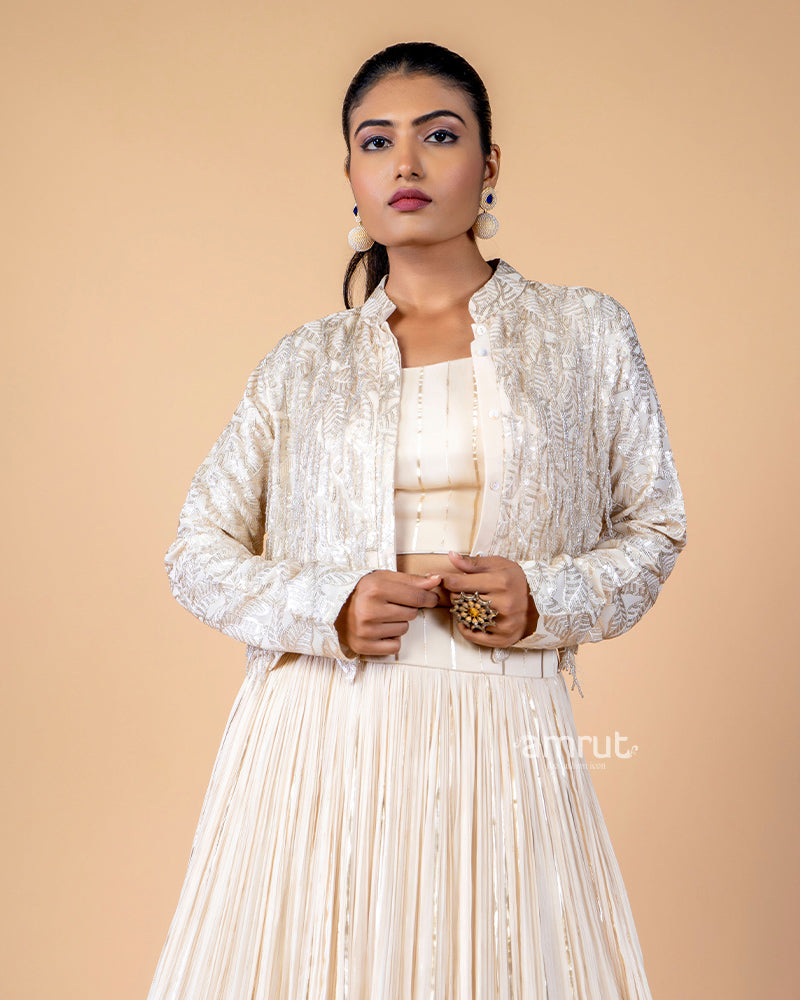 Off White Chiffon Embroidered Indo Western Jacket Set AMRUT