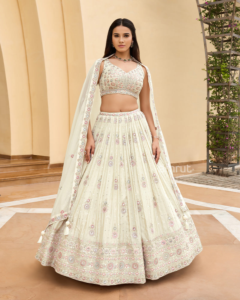 Off White Hand Embellished Lehenga with Blouse and Dupatta