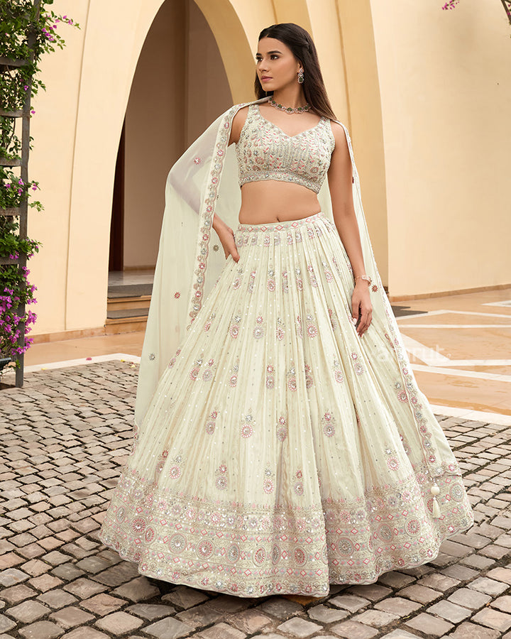 Off White Hand Embellished Lehenga with Blouse and Dupatta