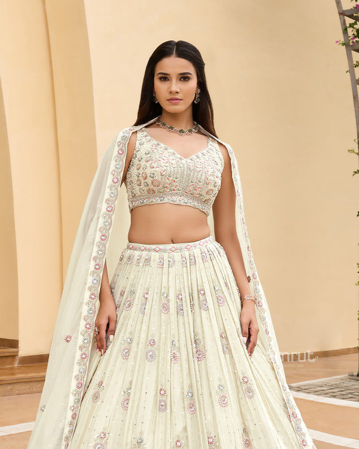 Off White Hand Embellished Lehenga with Blouse and Dupatta
