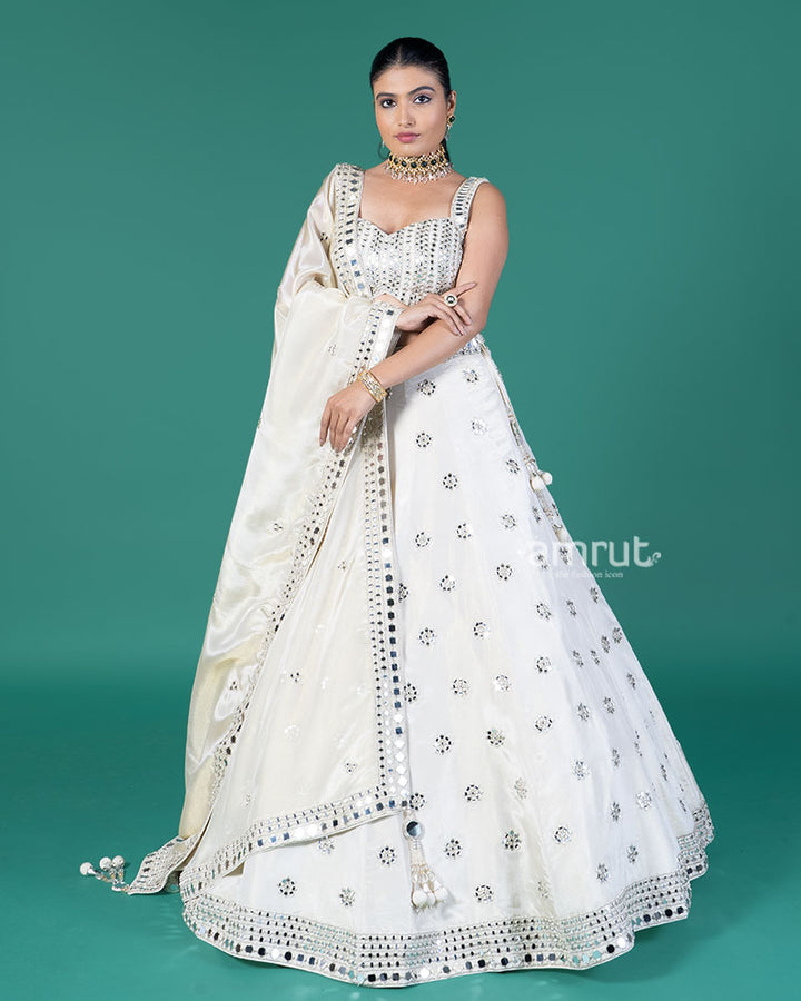 Off White Mirror Embellished Lehenga Choli with Dupatta 04