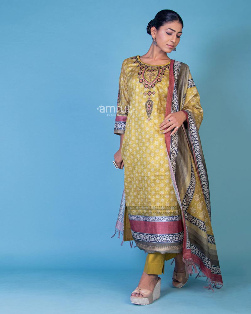 Olive Green Printed Cotton Kurta Set and Dupatta