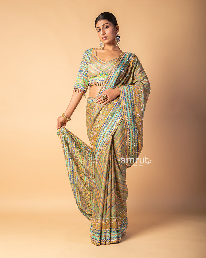 Olive Green Stripe Line Hand Embroidered Silk Saree With Stiched Blouse