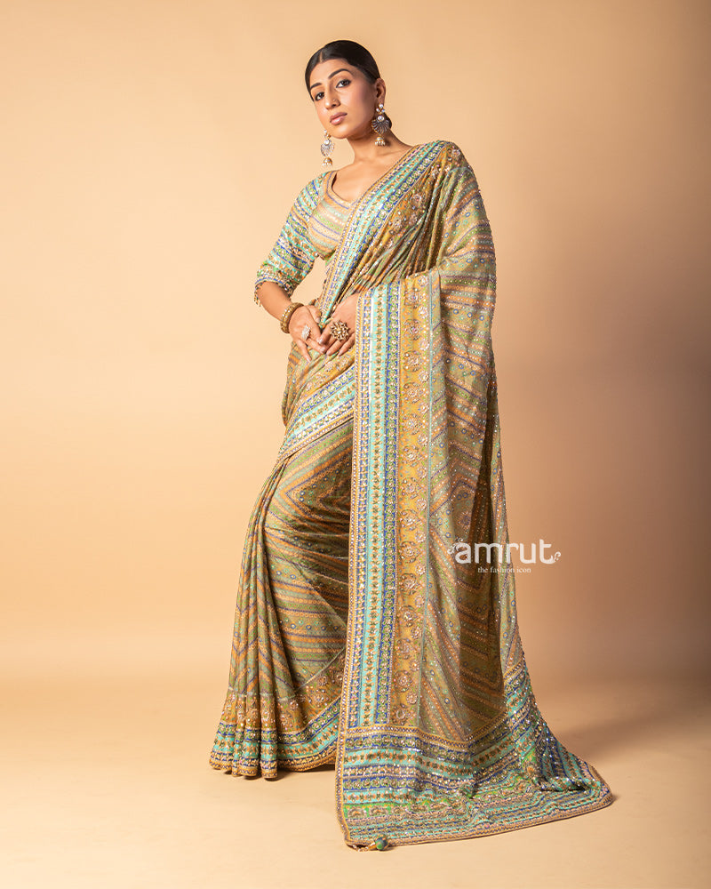Olive Green Stripe Line Hand Embroidered Silk Saree With Stiched Blouse