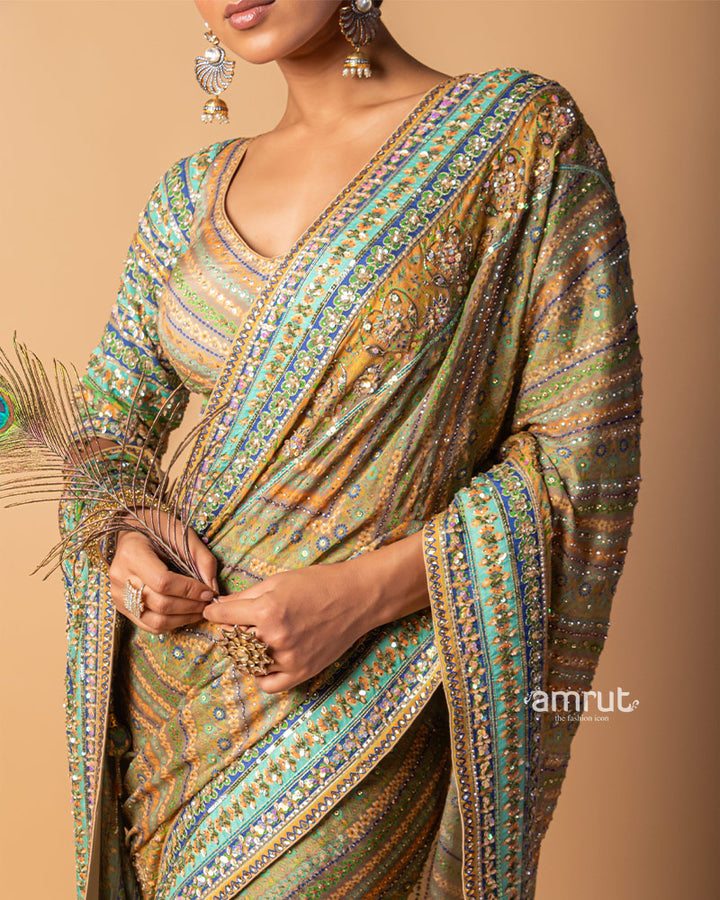 Olive Green Stripe Line Hand Embroidered Silk Saree With Stiched Blouse