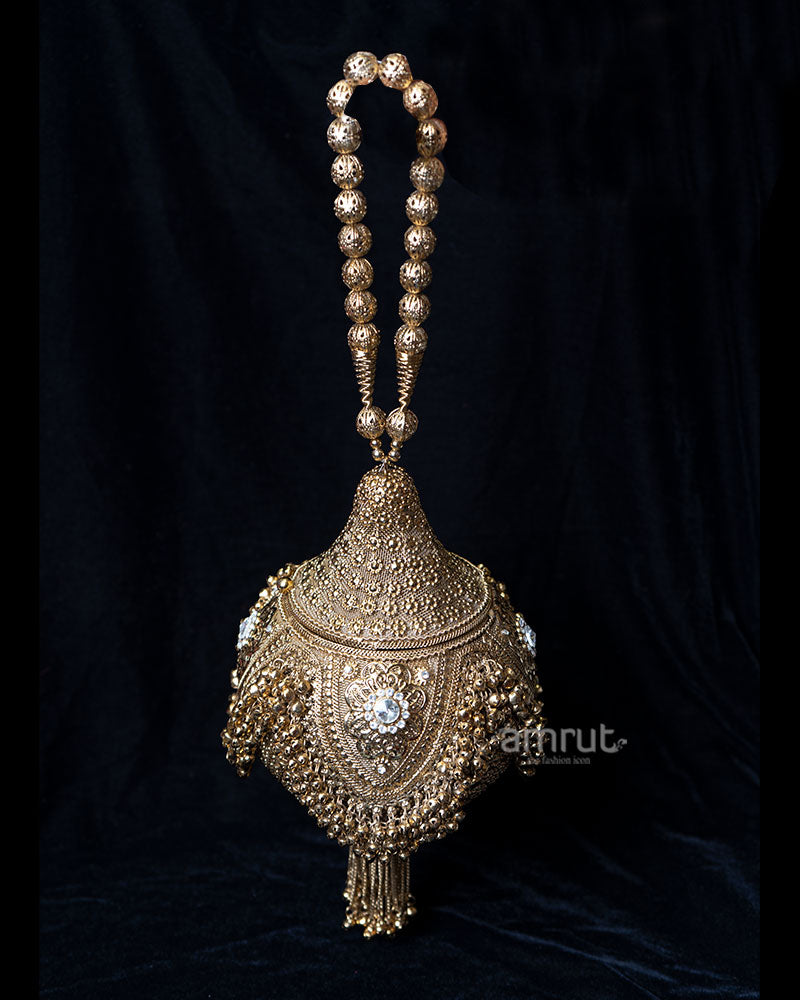 Ornate Golden Tone Beaded Tassel Clutch 01