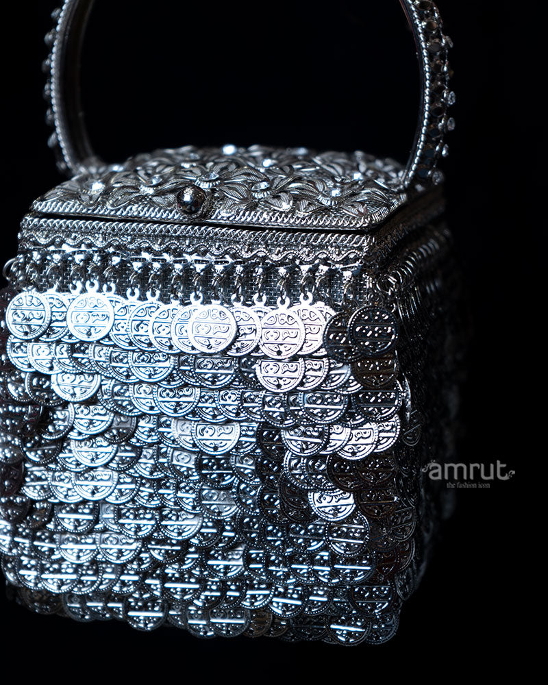 Ornate Metallic Square with Embossed Lid and Circular Patterns Handbag  02