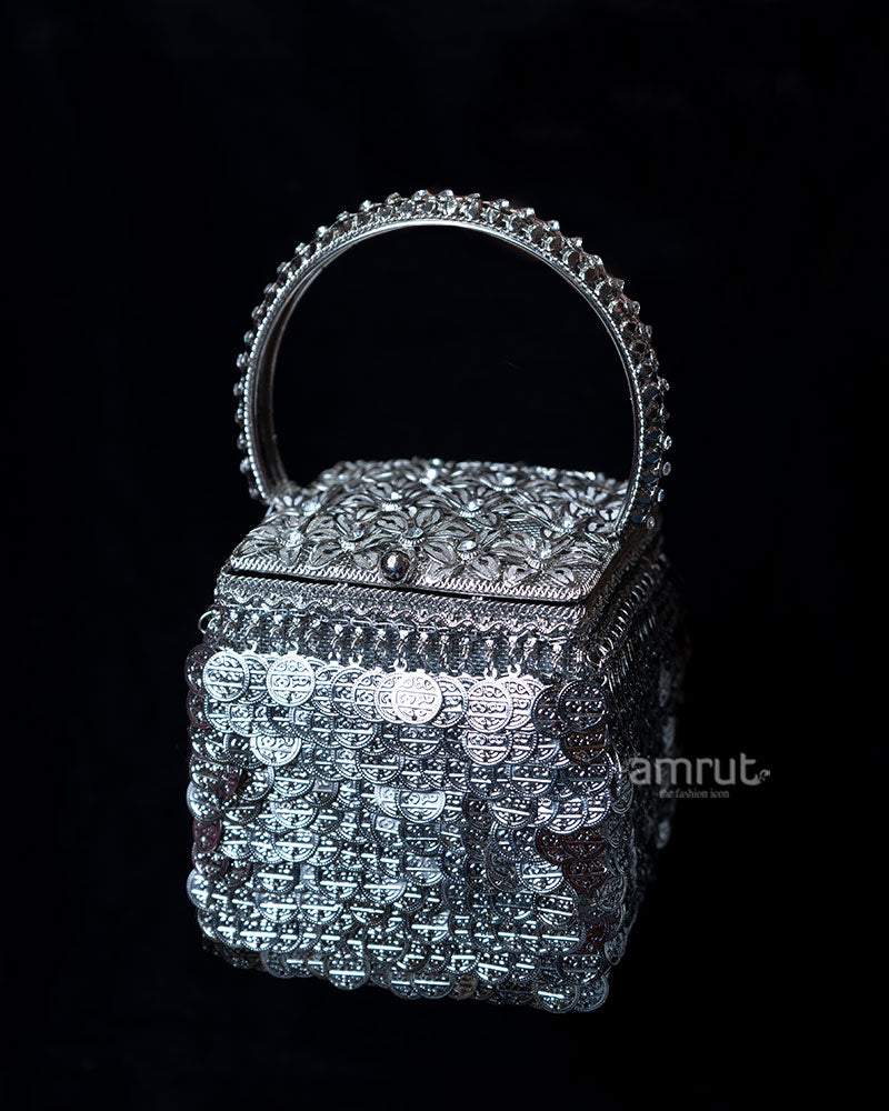 Ornate Metallic Square with Embossed Lid and Circular Patterns Handbag 1