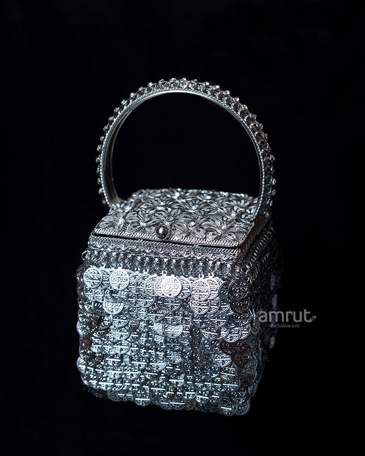 Ornate Metallic Square with Embossed Lid and Circular Patterns Handbag 1