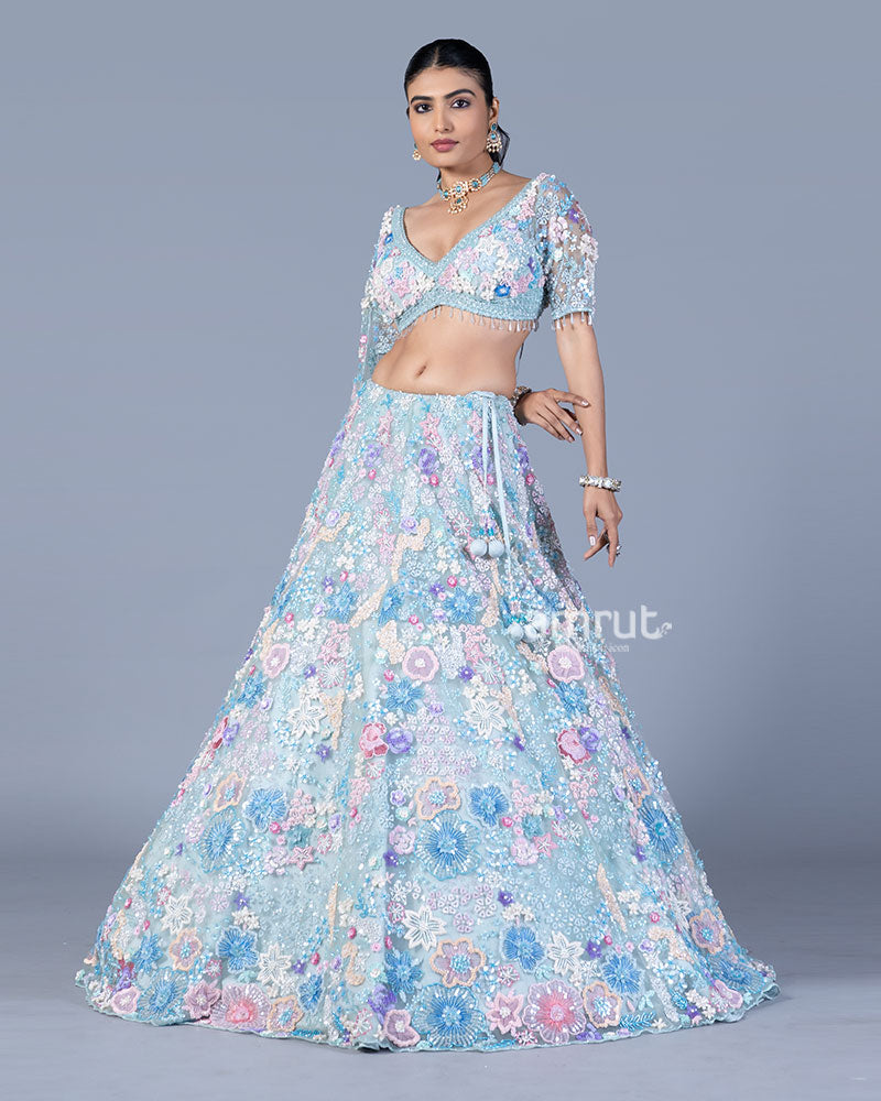 Pastel Baby Blue Embellished Lehenga Choli Set with Net Dupatta 004