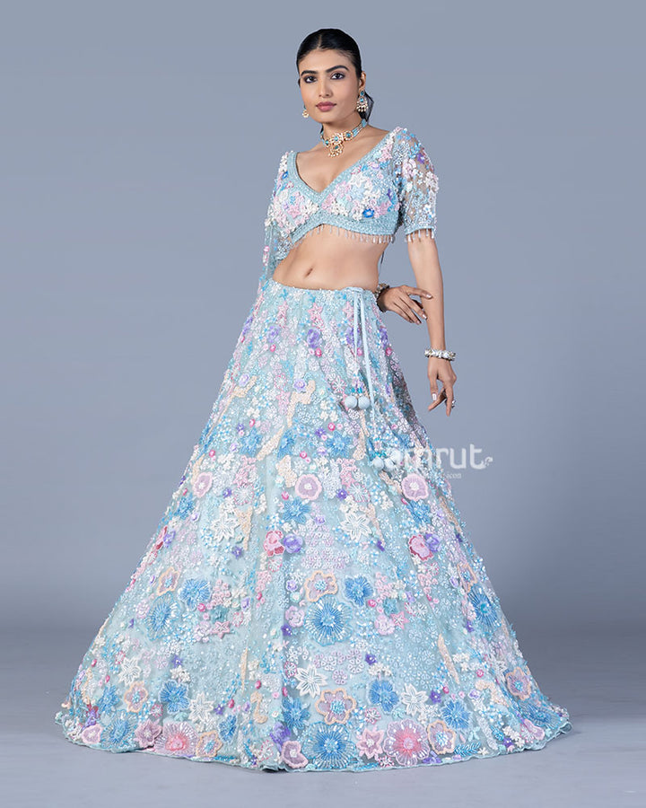 Pastel Baby Blue Embellished Lehenga Choli Set with Net Dupatta 004