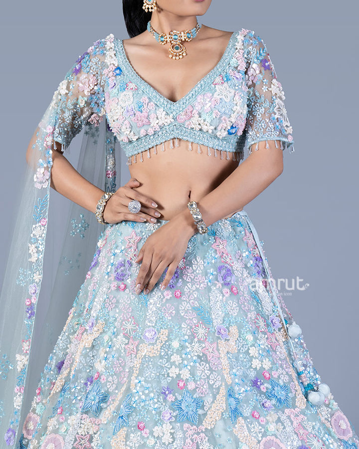 Pastel Baby Blue Embellished Lehenga Choli Set with Net Dupatta 03