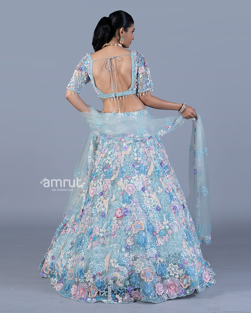 Pastel Baby Blue Embellished Lehenga Choli Set with Net Dupatta 05