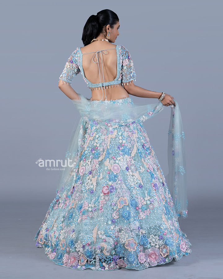 Pastel Baby Blue Embellished Lehenga Choli Set with Net Dupatta 05