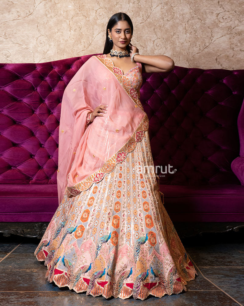 Pastel Peach Peacock Motif Embroidered Designer Lehenga Set 01