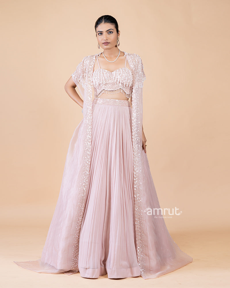 Pastel Pink Lehenga with Crop Top and sequin shrug(01)