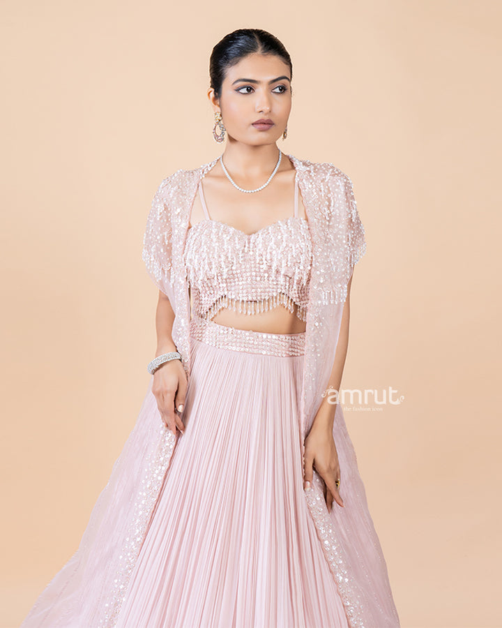 Pastel Pink Lehenga with Crop Top and sequin shrug(02)