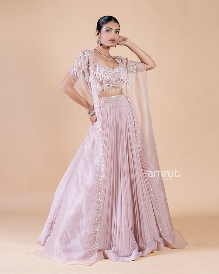 Pastel Pink Lehenga with Crop Top and sequin shrug(03)