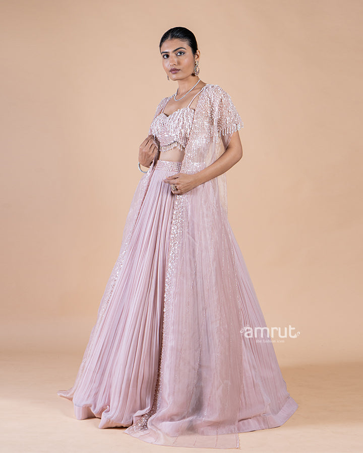 Pastel Pink Lehenga with Crop Top and sequin shrug(04)