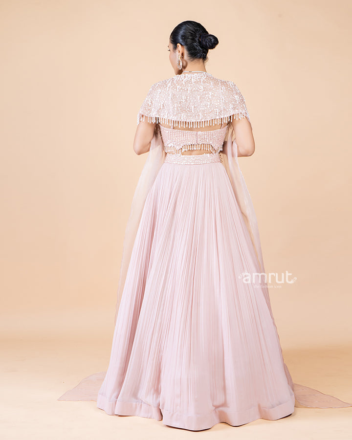 Pastel Pink Lehenga with Crop Top and sequin shrug(05)