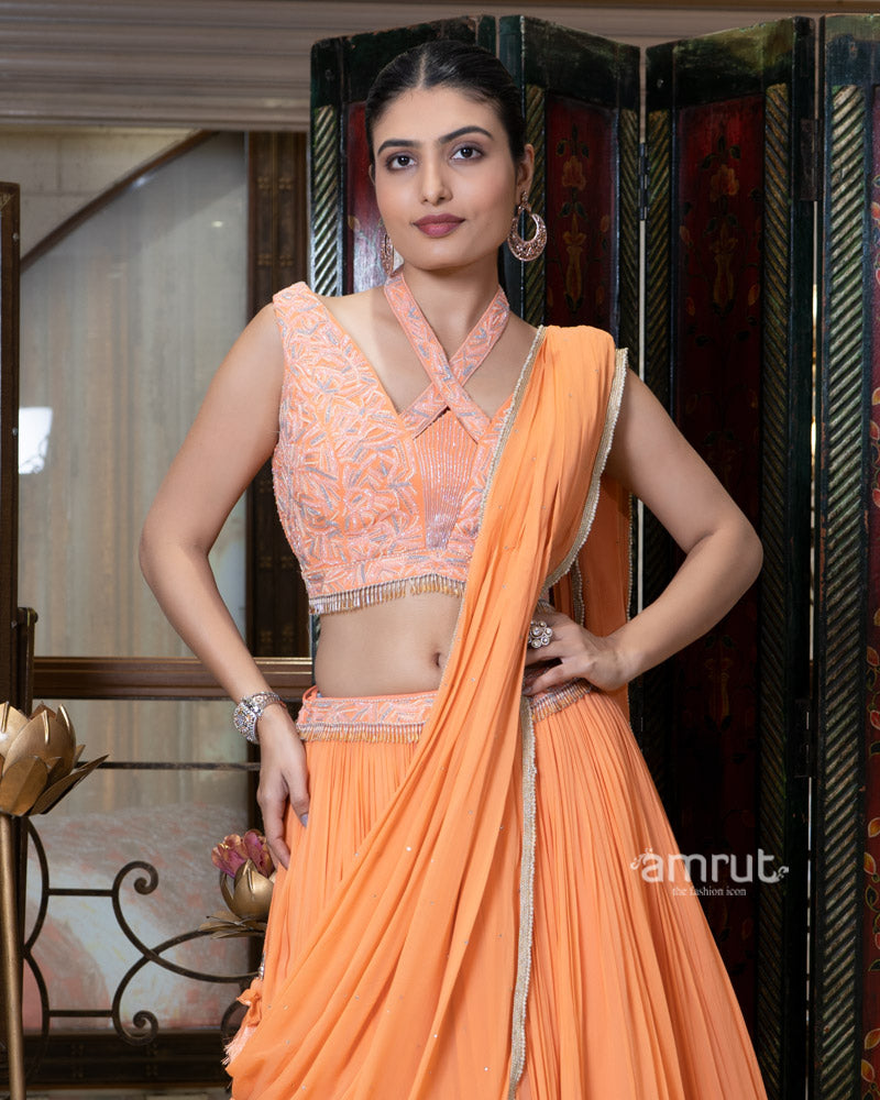 Peach Criss-Cross Neck Embroidered Blouse Lehenga Set with Dupatta 02