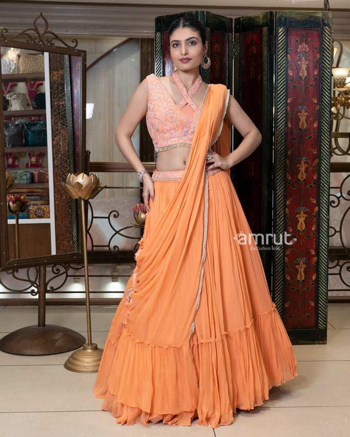 Peach Criss-Cross Neck Embroidered Blouse Lehenga Set with Dupatta 4