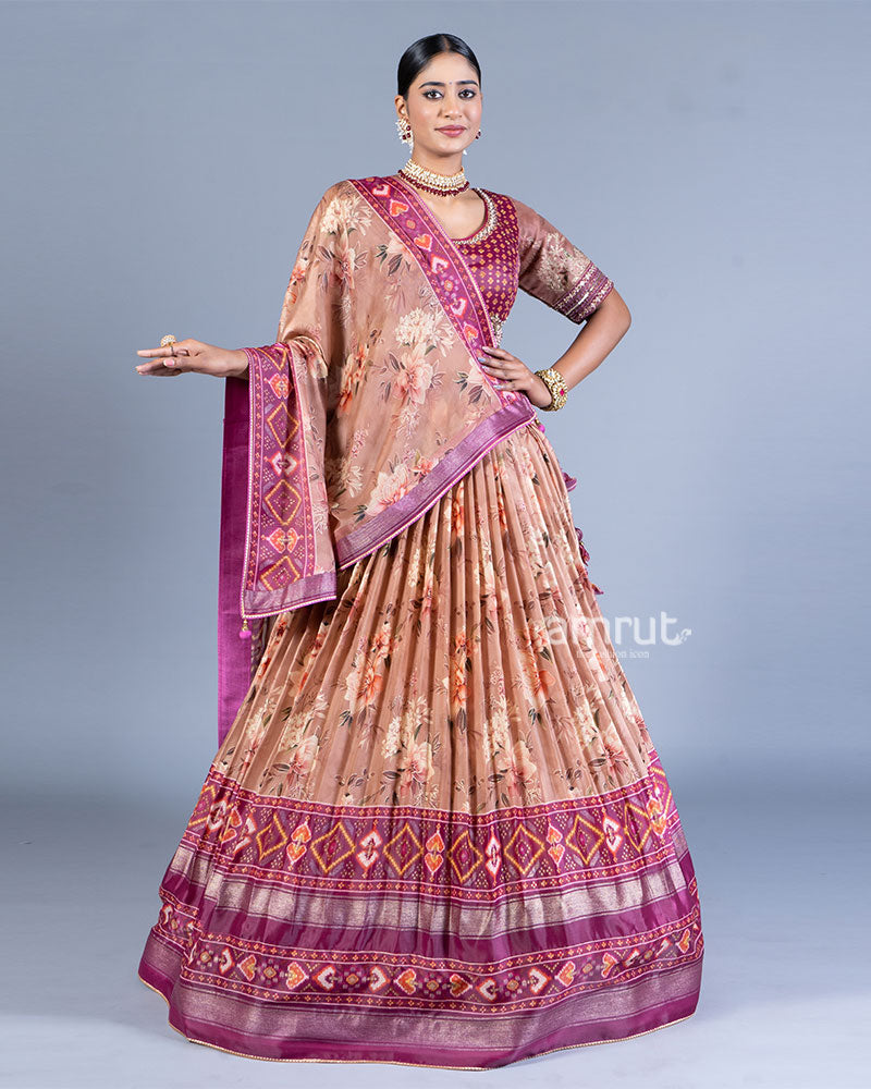 Peach Floral Pleated Lehenga and Embellished Choli with Dupatta  01