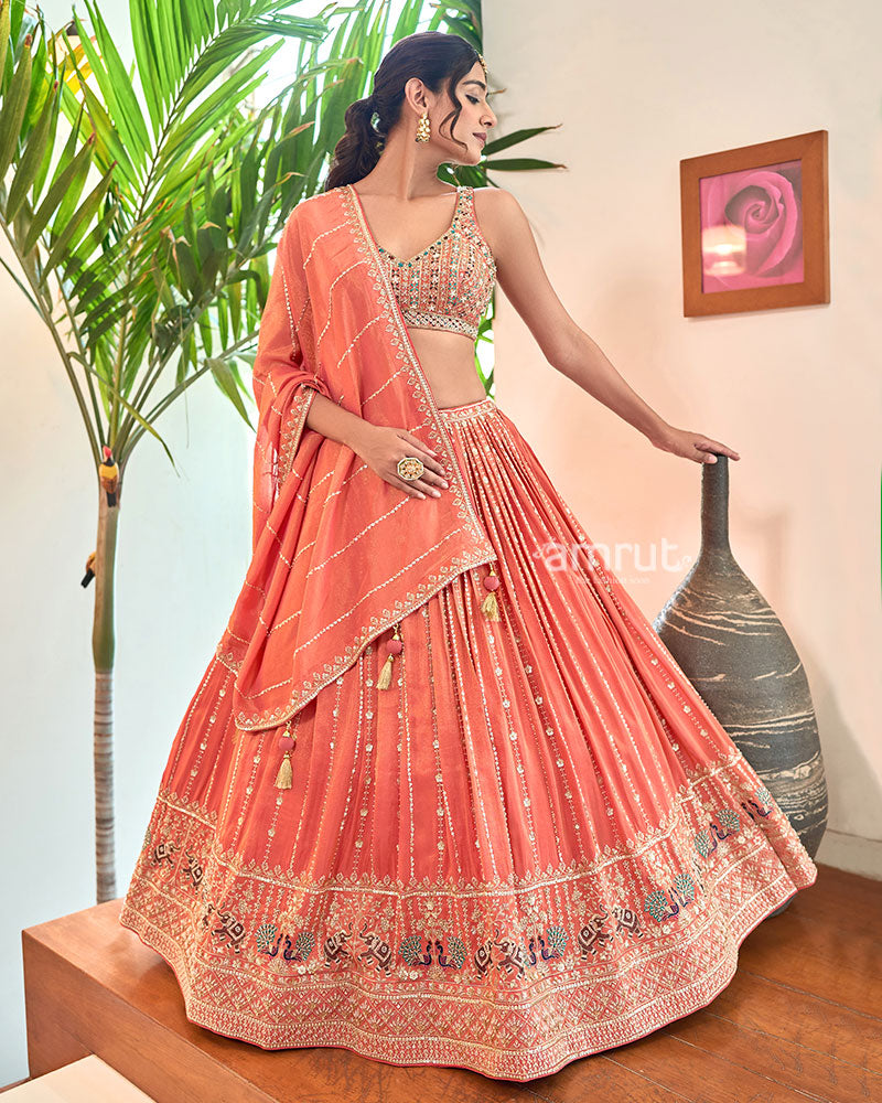 Peach Orange Mirror Embroidered Lehenga Choli with Dupatta01