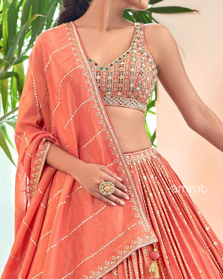Peach Orange Mirror Embroidered Lehenga Choli with Dupatta03