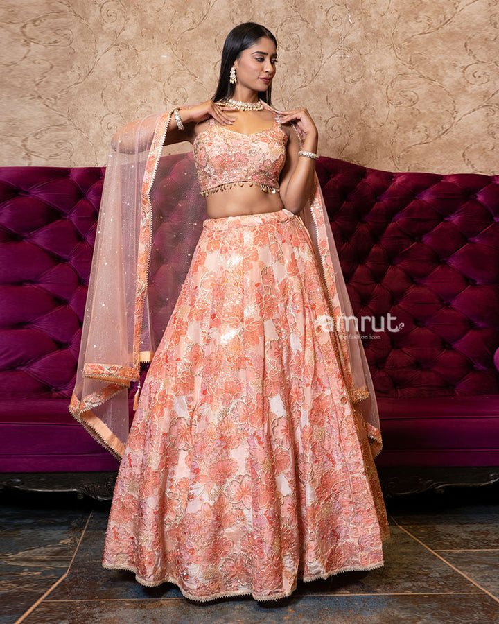 Peach Sequin Detailing Embroidered Net Lehenga 01