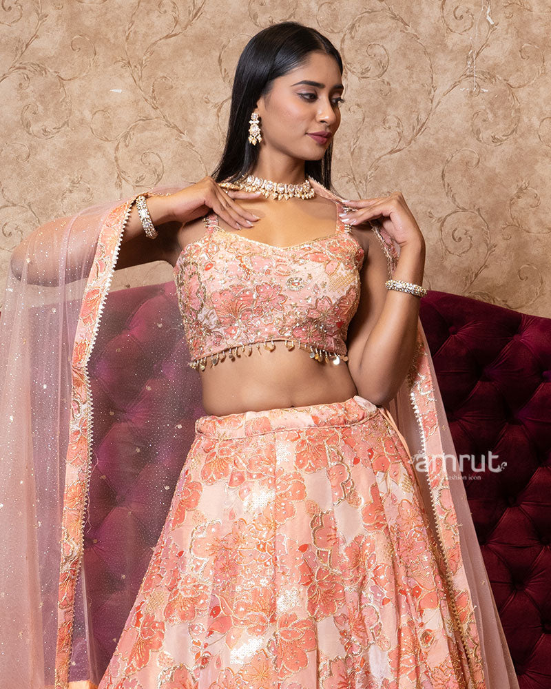 Peach Sequin Detailing Embroidered Net Lehenga 02
