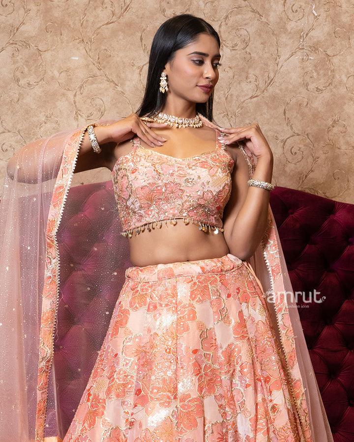 Peach Sequin Detailing Embroidered Net Lehenga 02
