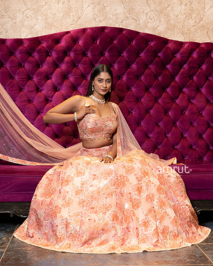 Peach Sequin Detailing Embroidered Net Lehenga 04