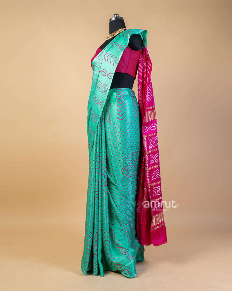 Persian Green Silk Bandhani Saree With Contrast Woven Pallu