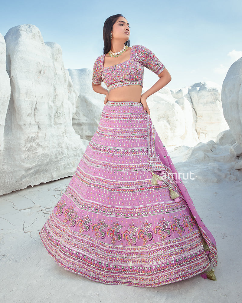 Pink Lehenga Set in Georgette With Floral Sequin Work