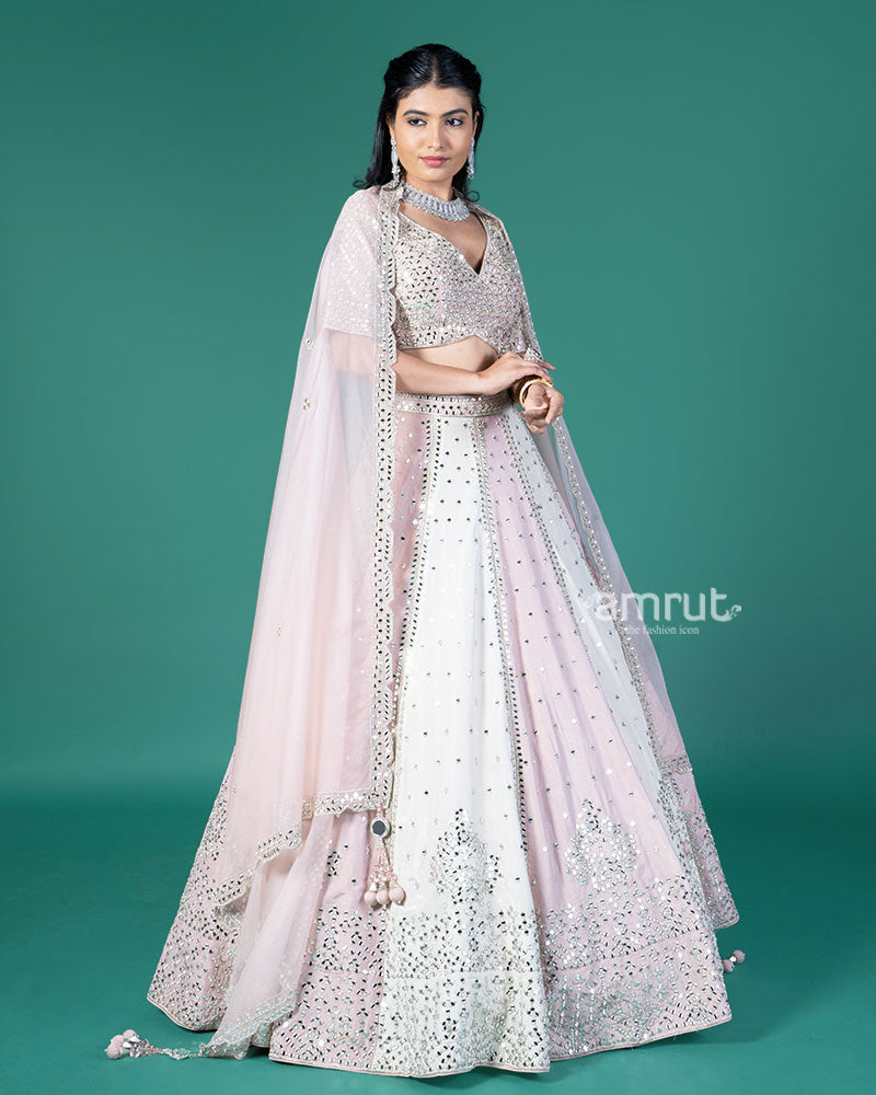 Pink and Cream Mirror Embellished Lehenga Choli with Dupatta 05