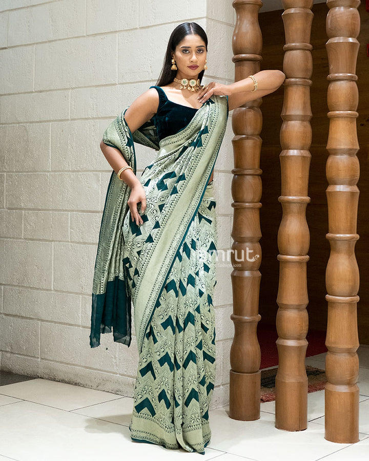 Pista Green and Teal Woven Saree with Contrasting Border and Unstitched Blouse 01