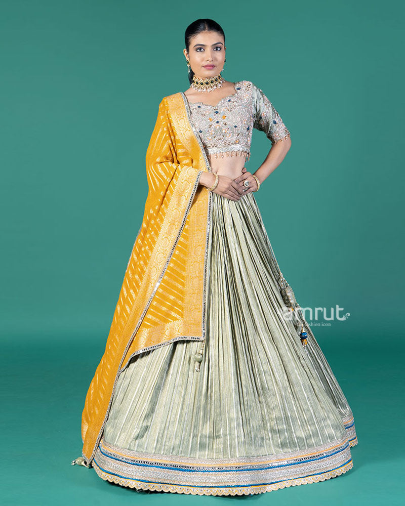 Pista Silver Pleated Lehenga and Embroidered Gray Choli with Mustard Dupatta 01