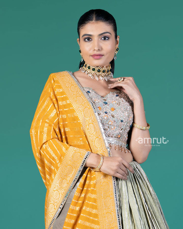 Pista Silver Pleated Lehenga and Embroidered Gray Choli with Mustard Dupatta 02